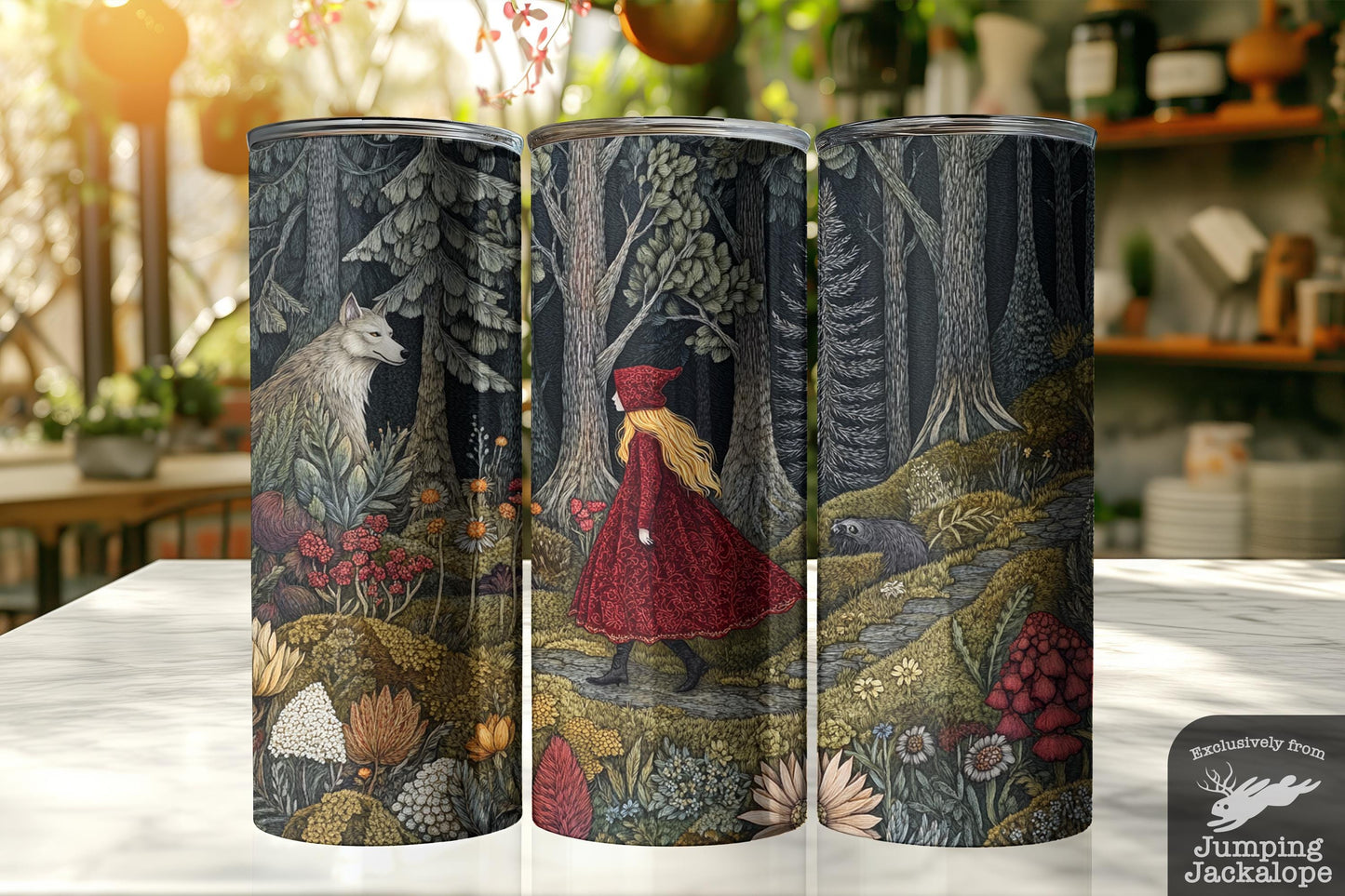 Whimsical Red Riding Hood Tumbler – 20oz Enchanted Forest Scene | Cottagecore Gothic Fairytale Drinkware