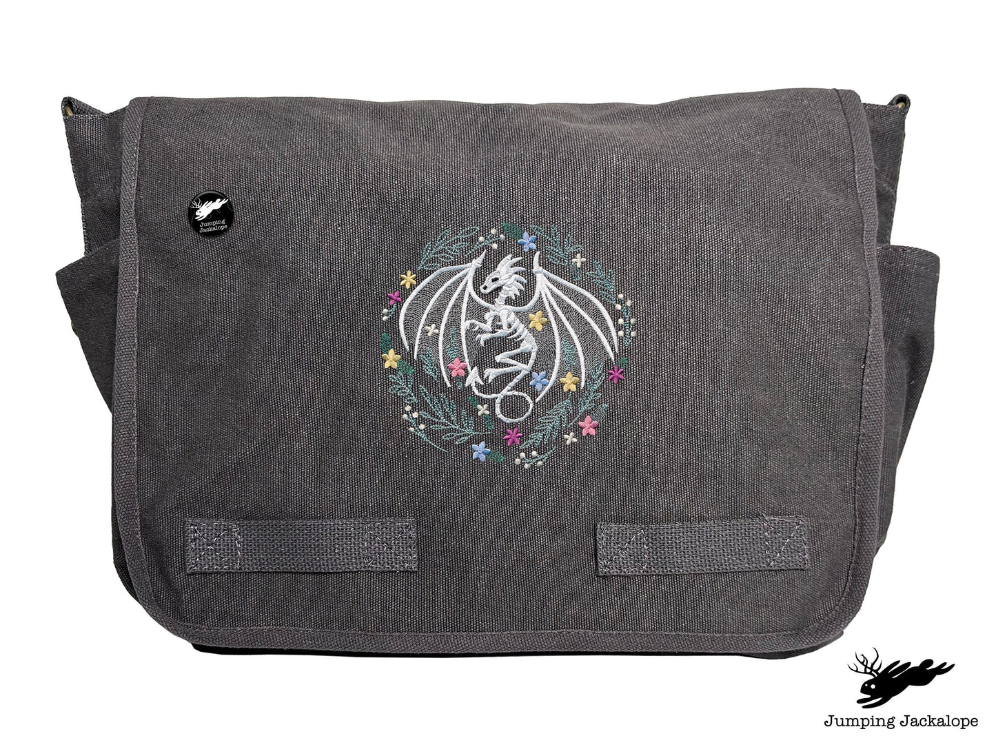 Floral Dragon Skeleton Embroidered Classic Canvas Messenger Bag
