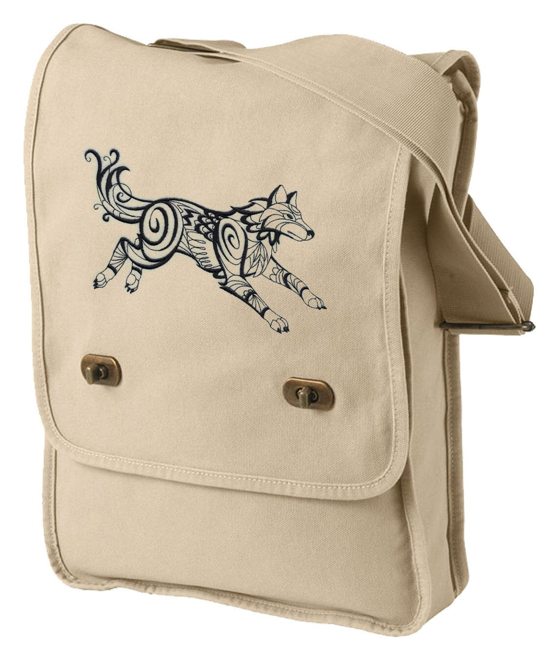 North Wind Wolf Embroidered Canvas Field Bag