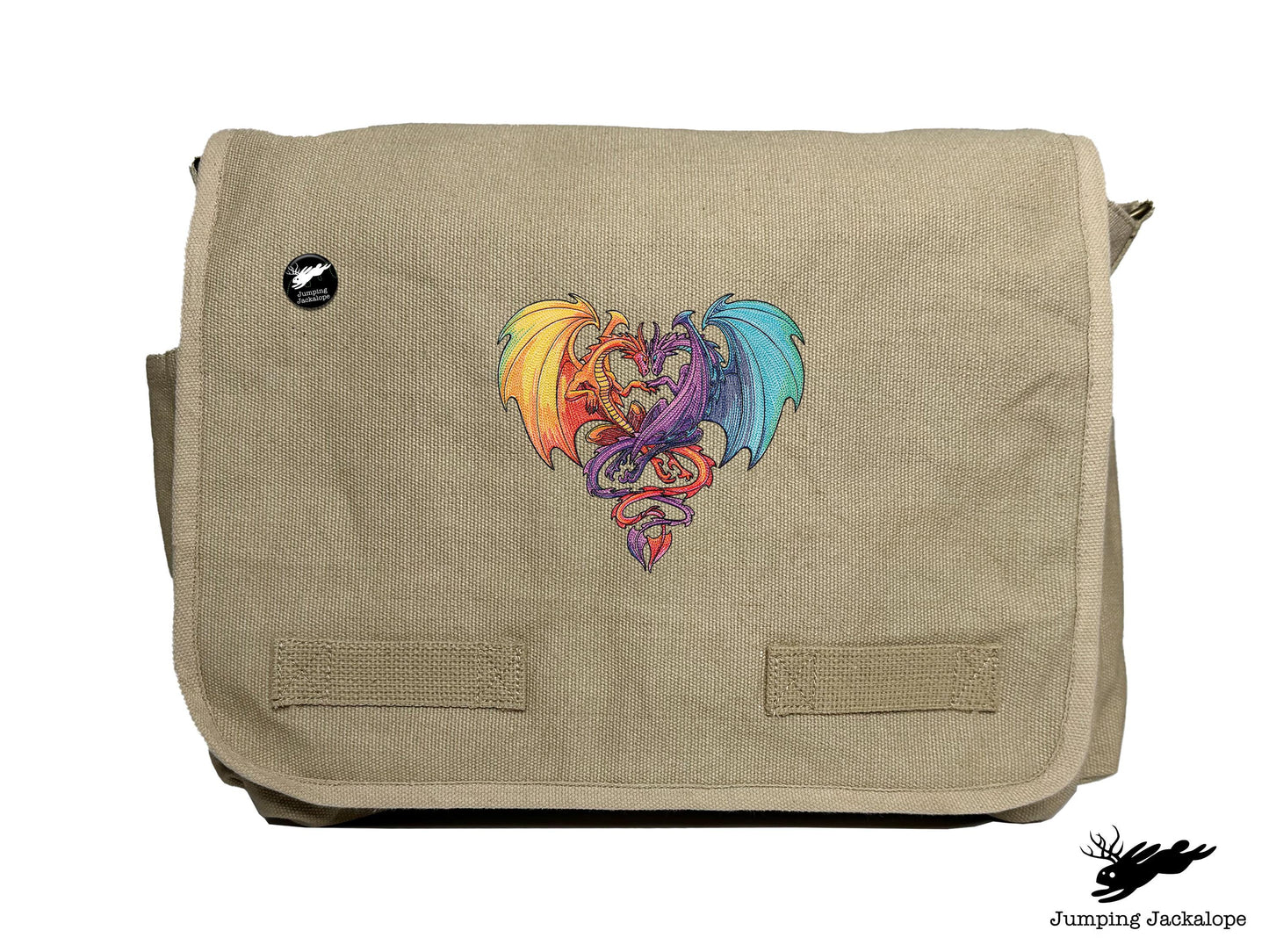 Intertwined Rainbow Heart Dragons Embroidered Classic Canvas Messenger Bag