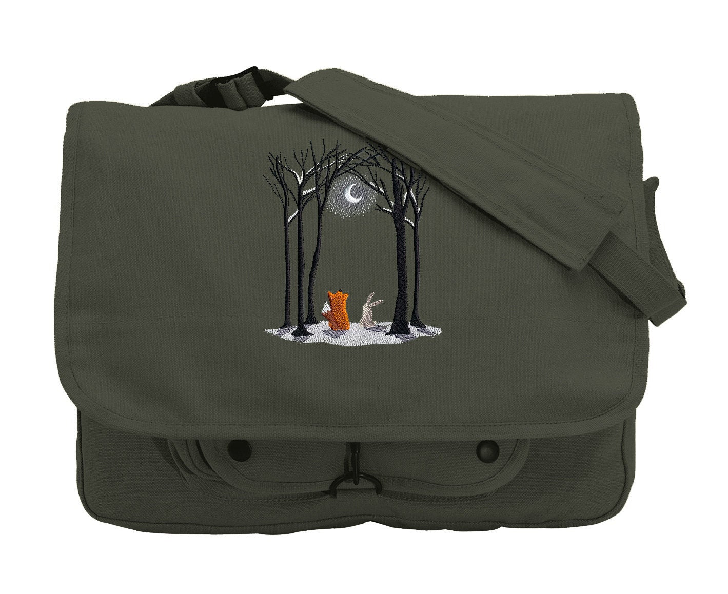 Moonlit Winter Fox and Rabbit Moon Embroidered Canvas Messenger Bag