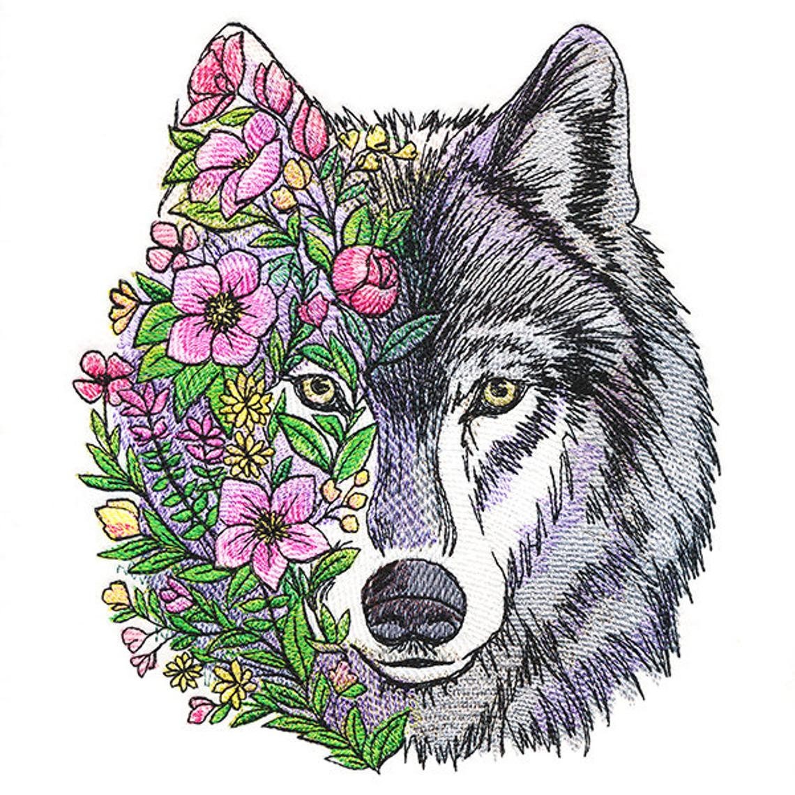 Wolf in Flowers Embroidered Canvas Tech, Tablet, iPad, Kindle, Fire, Camera Bag