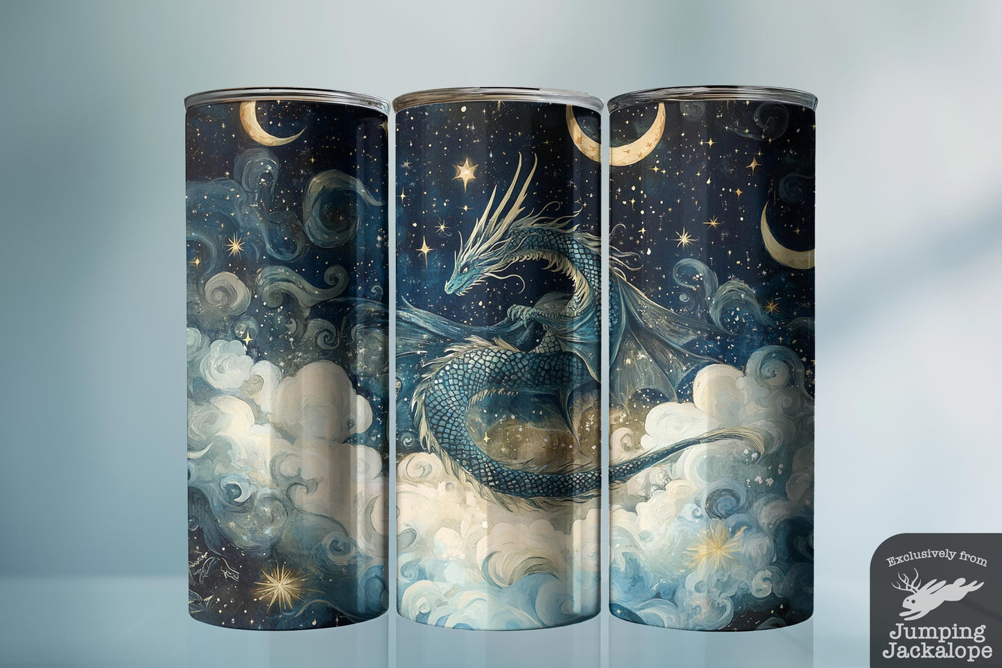 Blue Celestial Dragon Tumbler – 20oz Starry Night Sky Fantasy | Moon & Cloud Gothic Drinkware