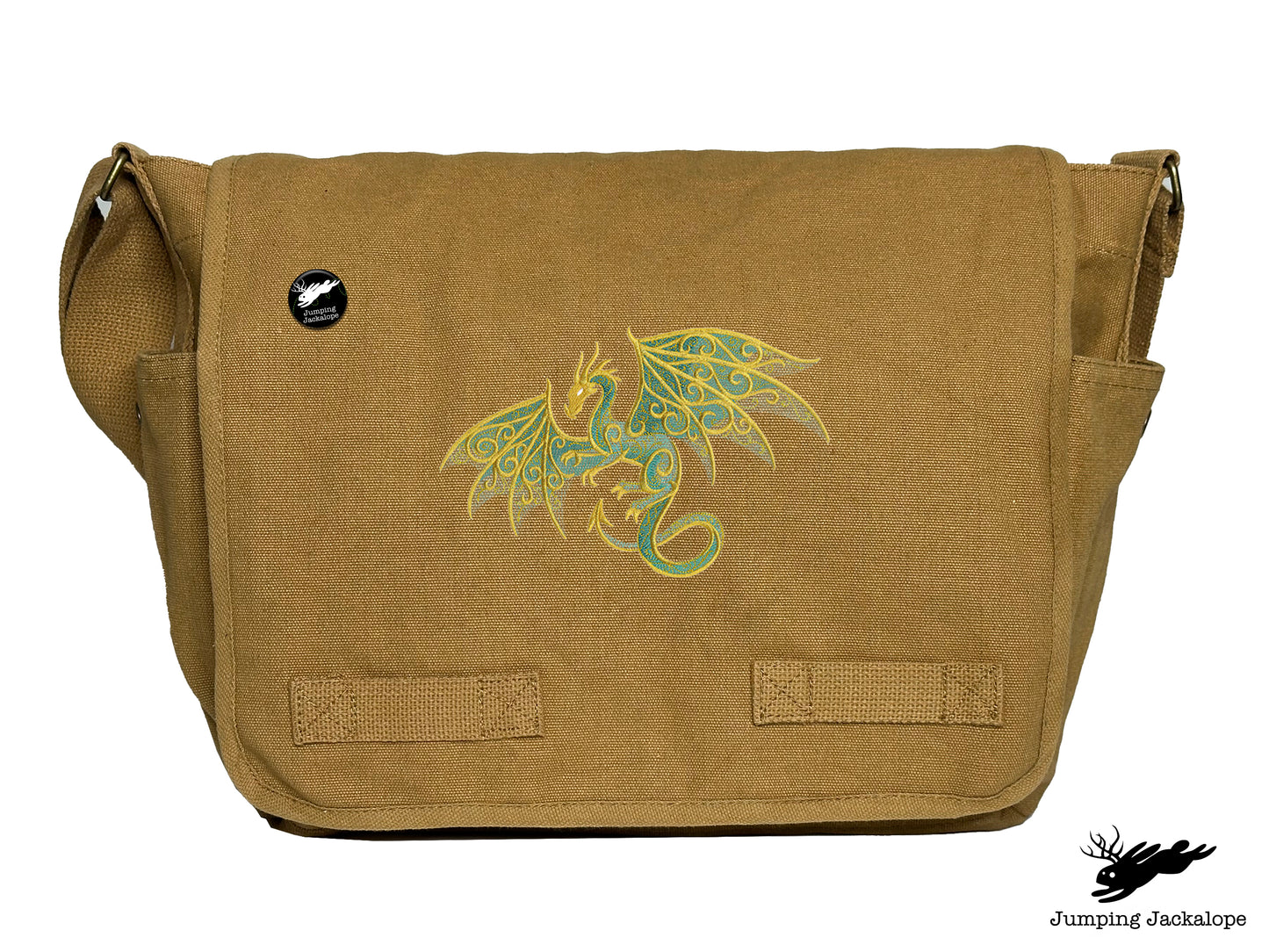 a brown messenger bag with a dragon on it