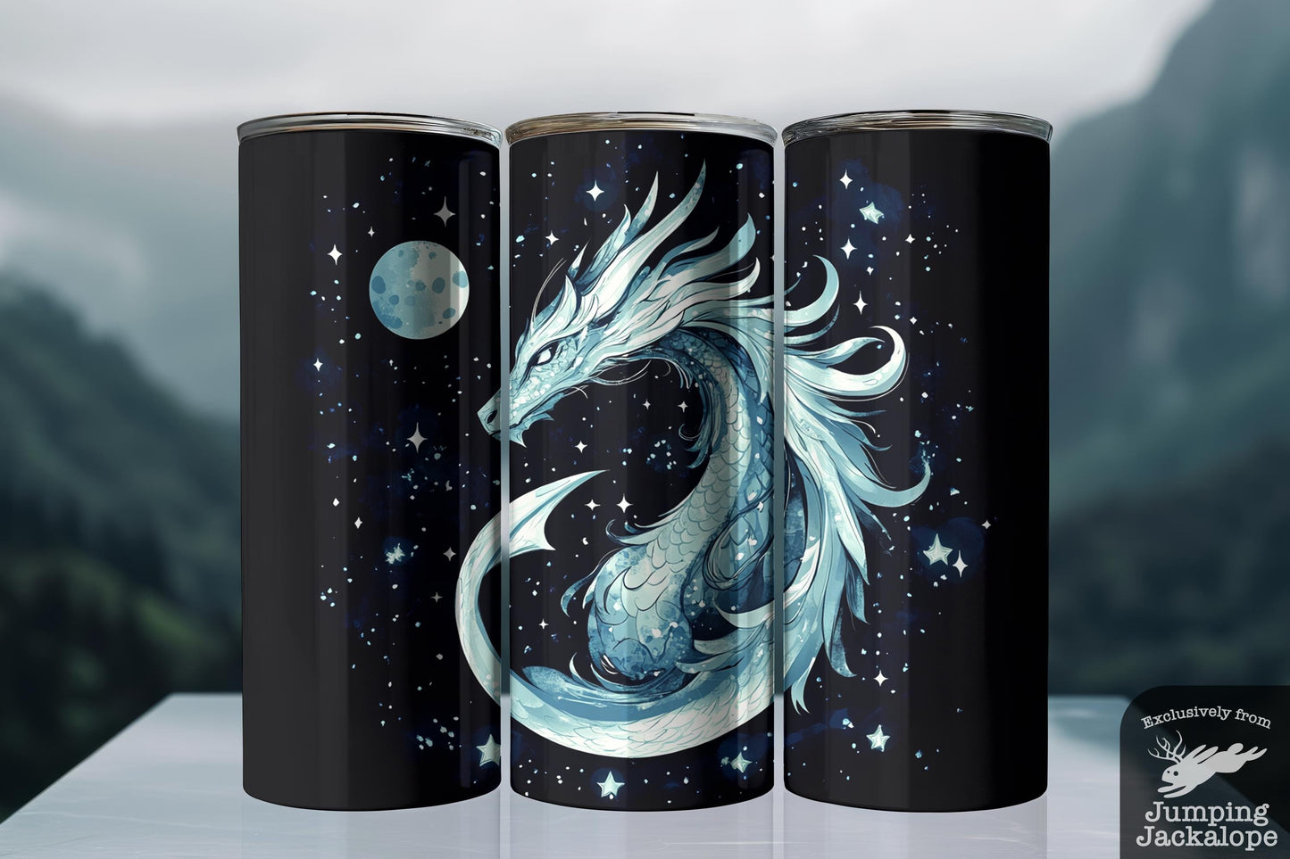 Silverlight Dragon Tumbler – 20oz Lunar Myth Fantasy Cup | Glowing Celestial Drinkware