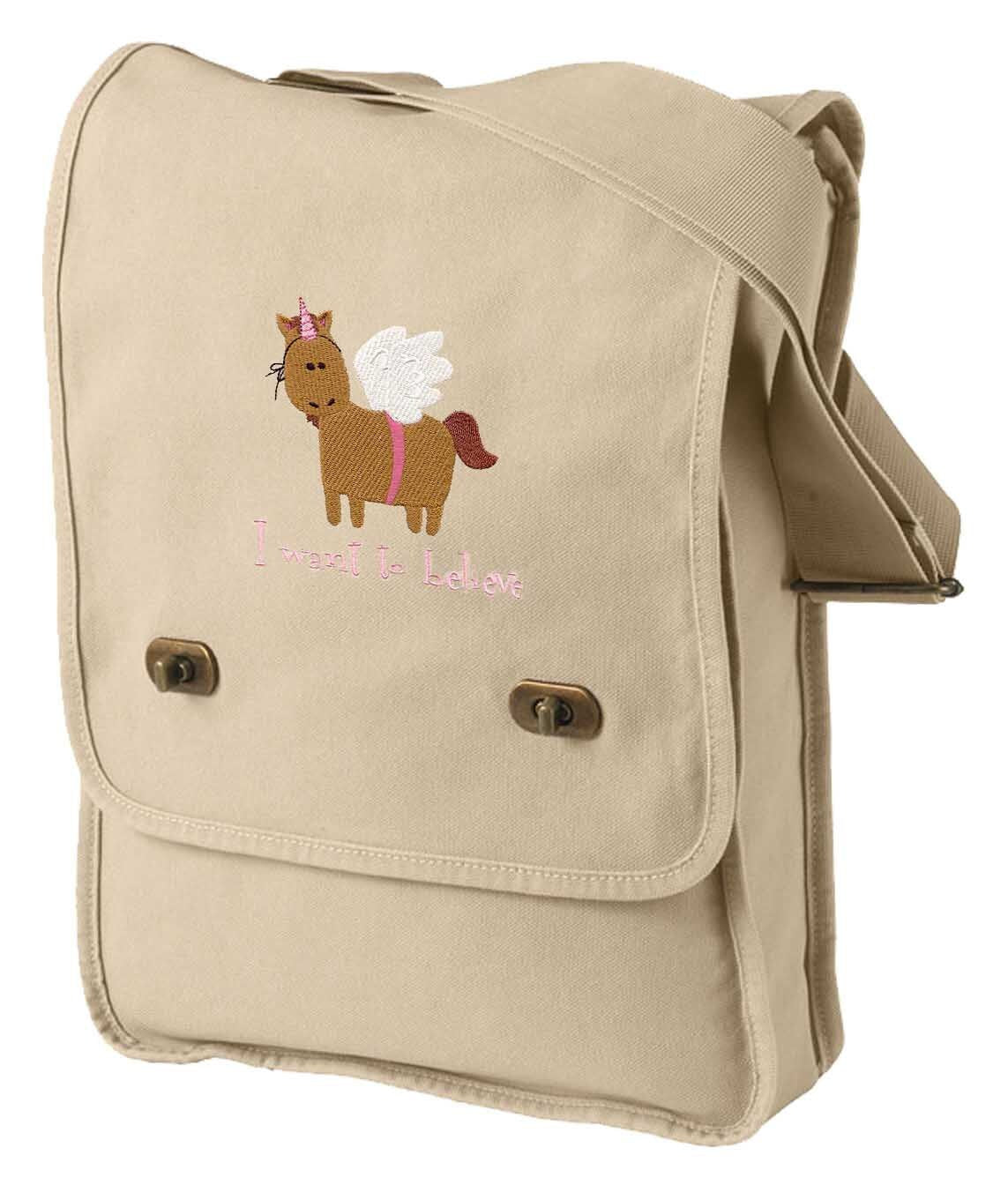 I Want to Believe Horsey Unicorn Embroidered Canvas Field Bag