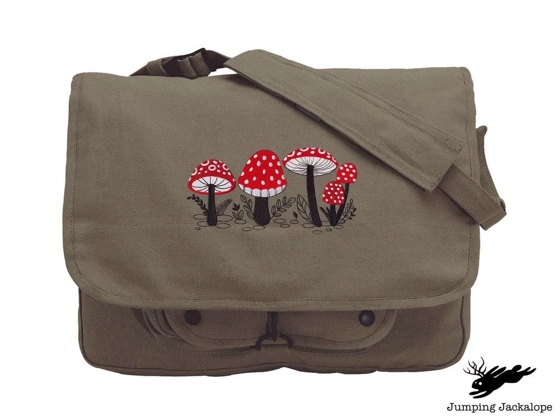 Morel of the Story - Mushroom Embroidered Canvas Messenger Bag