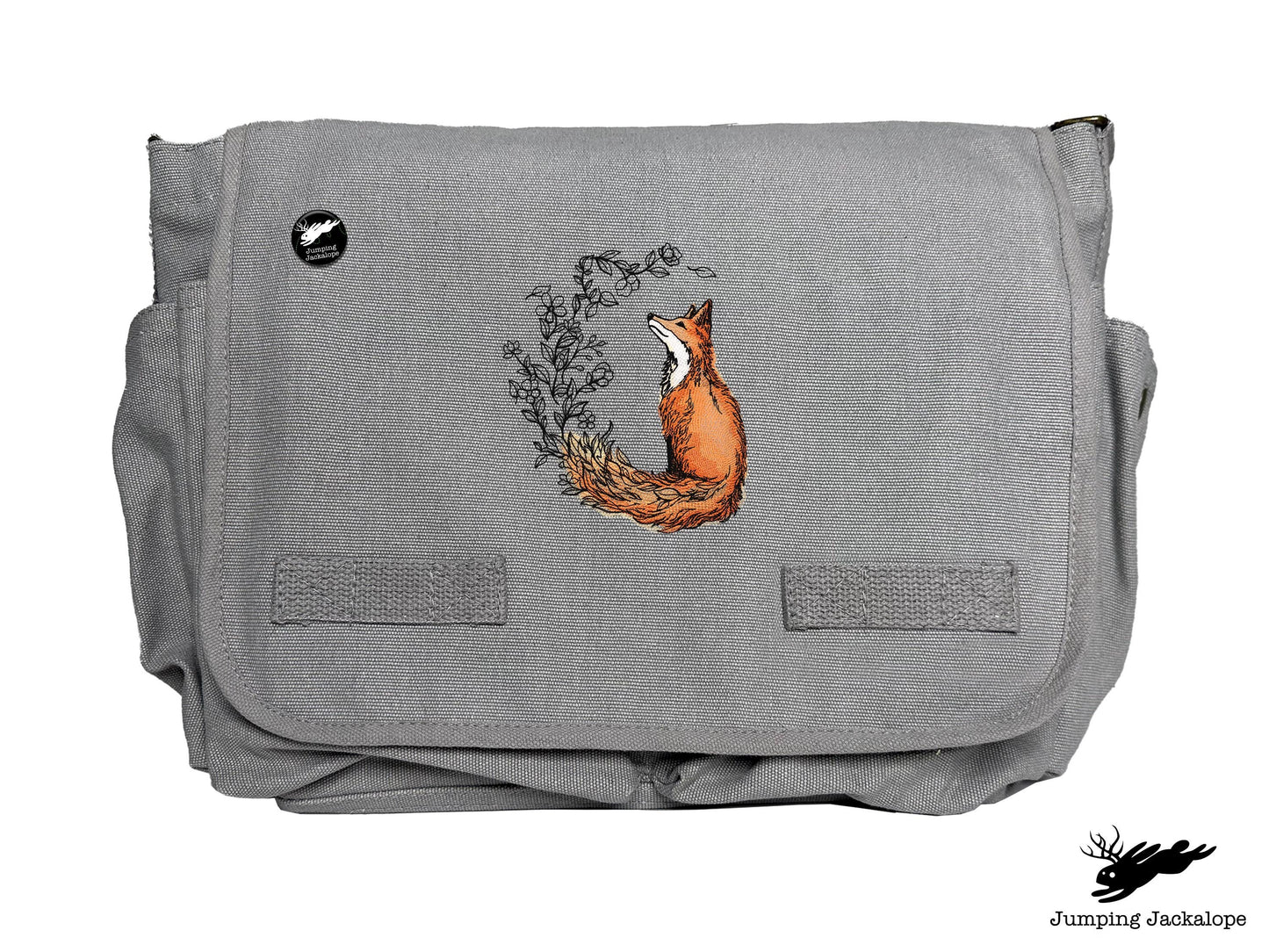 Flower Tailed Fox Design Embroidered Classic Canvas Messenger Bag