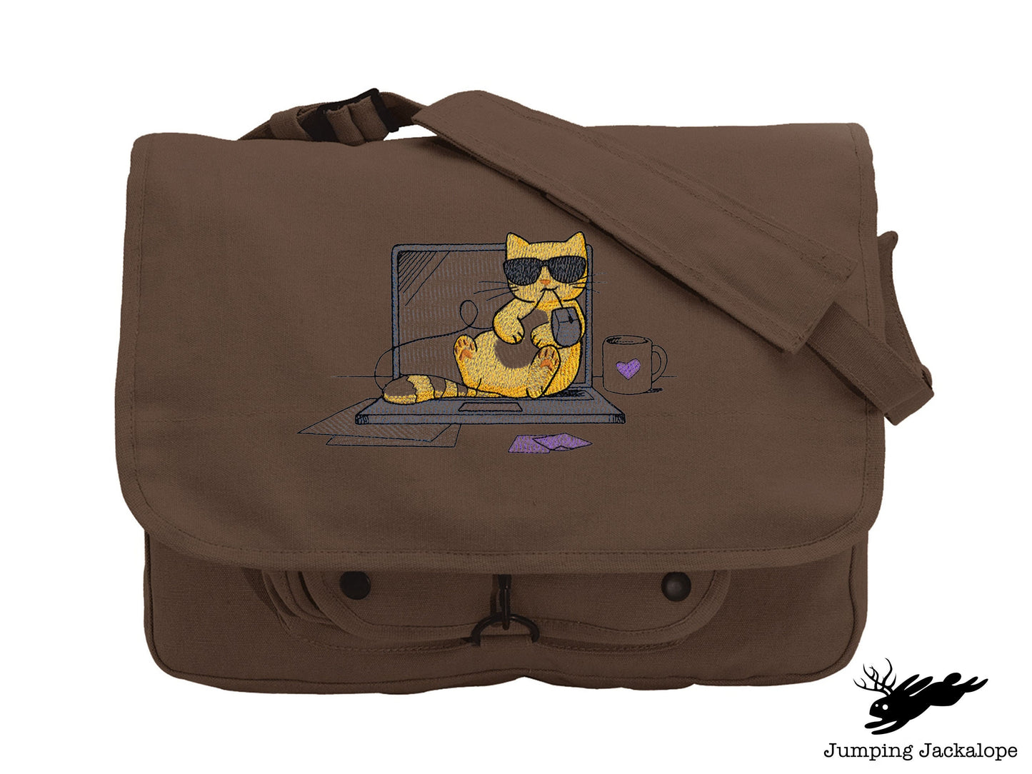 Purr-fectly Cool Co-worker Kitty Embroidered Canvas Messenger Bag, Cat Bag, Work Cat Bag