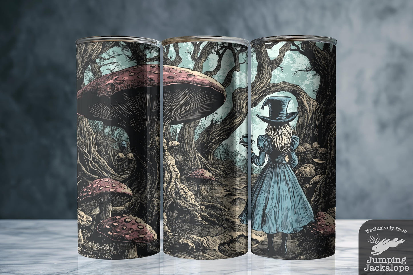 Gothic Wonderland Tumbler – 20oz Dark Mushroom Forest Scene | Sublimated Tea Cup with Lid & Straw | Personalized Alice Gift