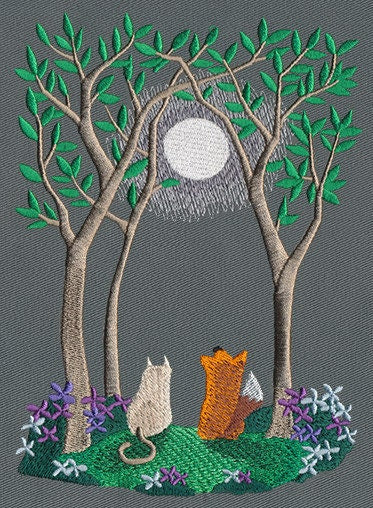 Moonlit Summer Cat Fox Kitty Crescent Moon Embroidered Canvas Field Bag