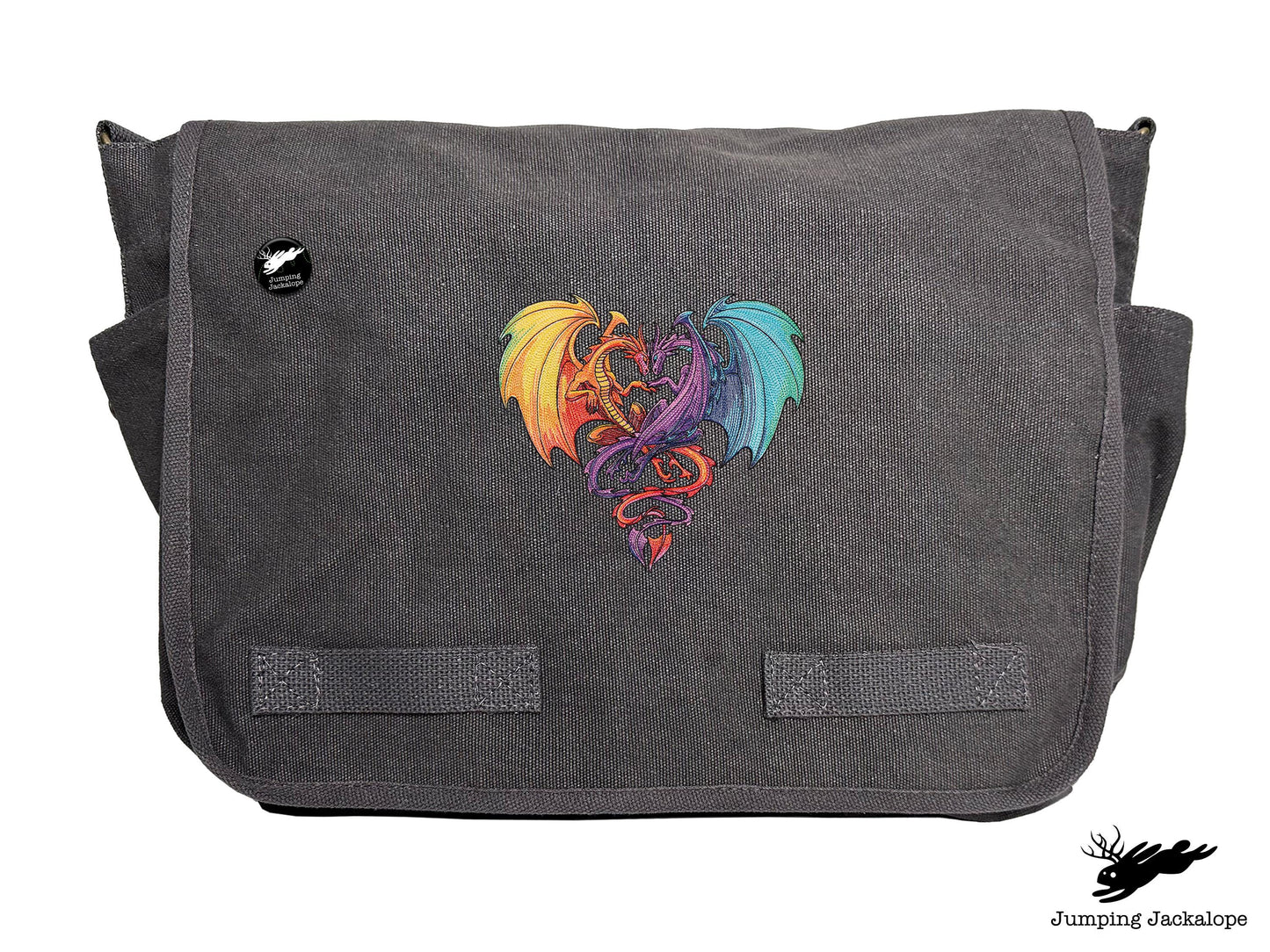 Intertwined Rainbow Heart Dragons Embroidered Classic Canvas Messenger Bag