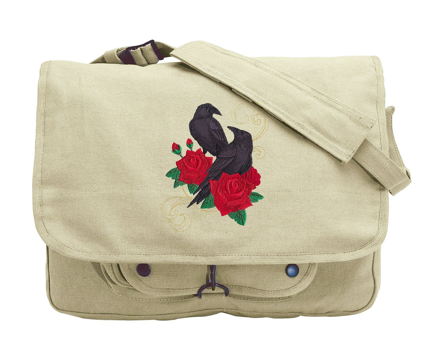 Ravens and Roses Embroidered Canvas Messenger Bag