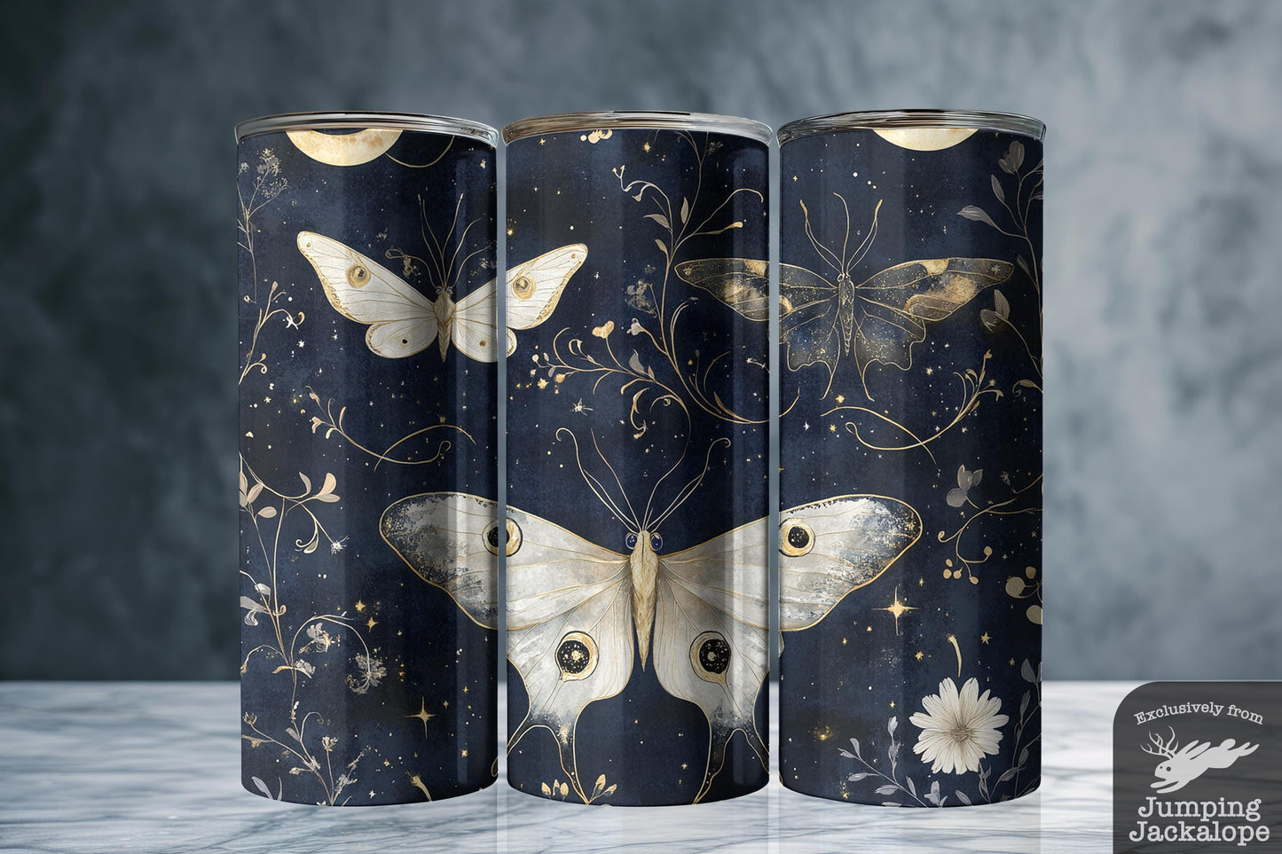 Lunar Moth Parade Tumbler – 20oz Celestial Creatures and Stars Drinkware | Dreamy Gothic Fantasy