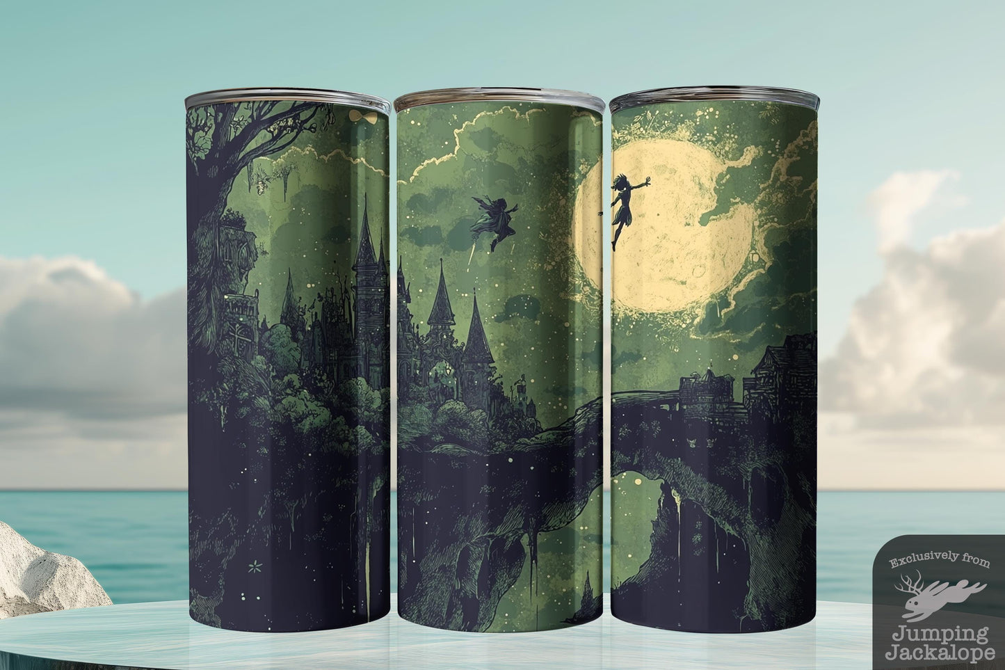 Lost in Thought Tumbler – Peter Pan Moon Scene | 20oz Gothic Fantasy Illustration Drinkware
