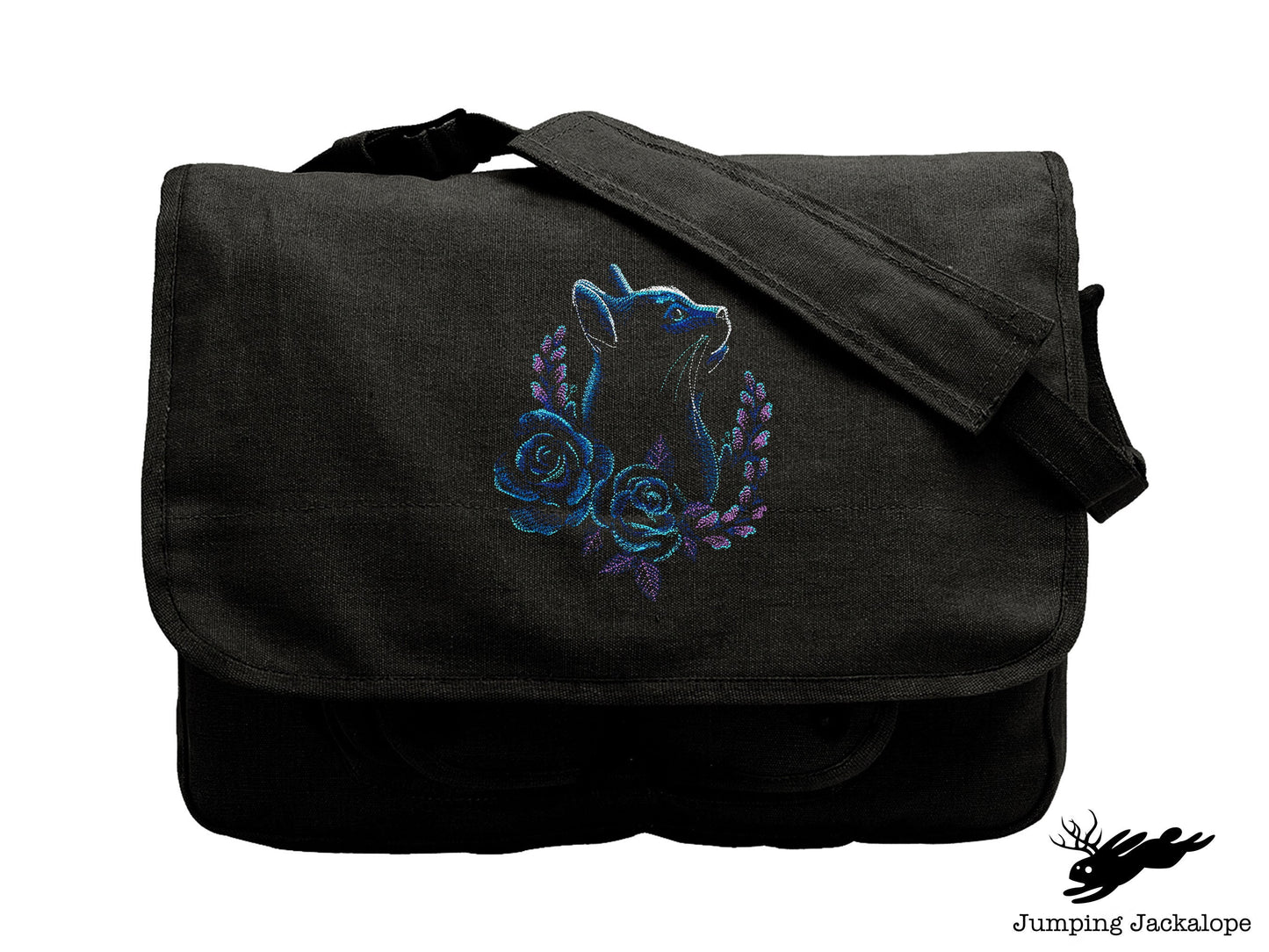 Rose Laurel Cat Embroidered Canvas Messenger Bag, Cat Bag, Flower Cat Bag