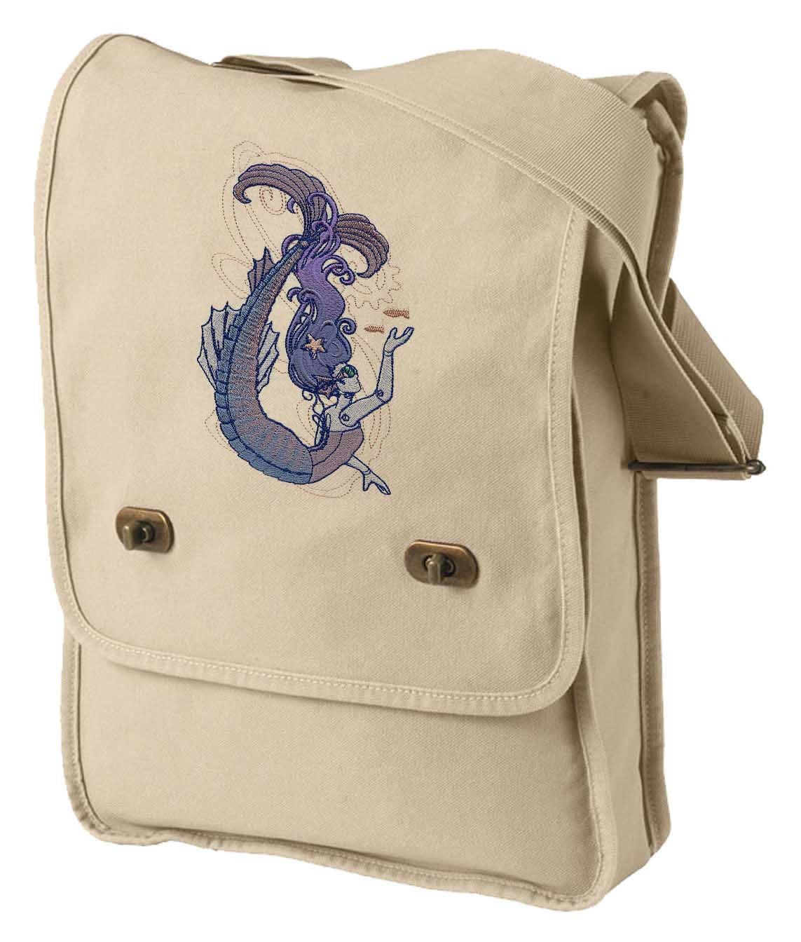 Mechanica Aquatica Steampunk Mermaid Embroidered Canvas Field Bag