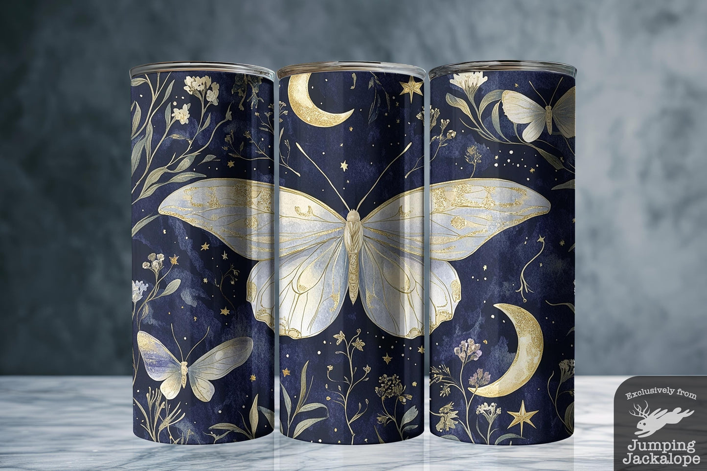 Gilded Whisper Moth Tumbler – Minimalist Gold Moth and Moons Travel Mug
