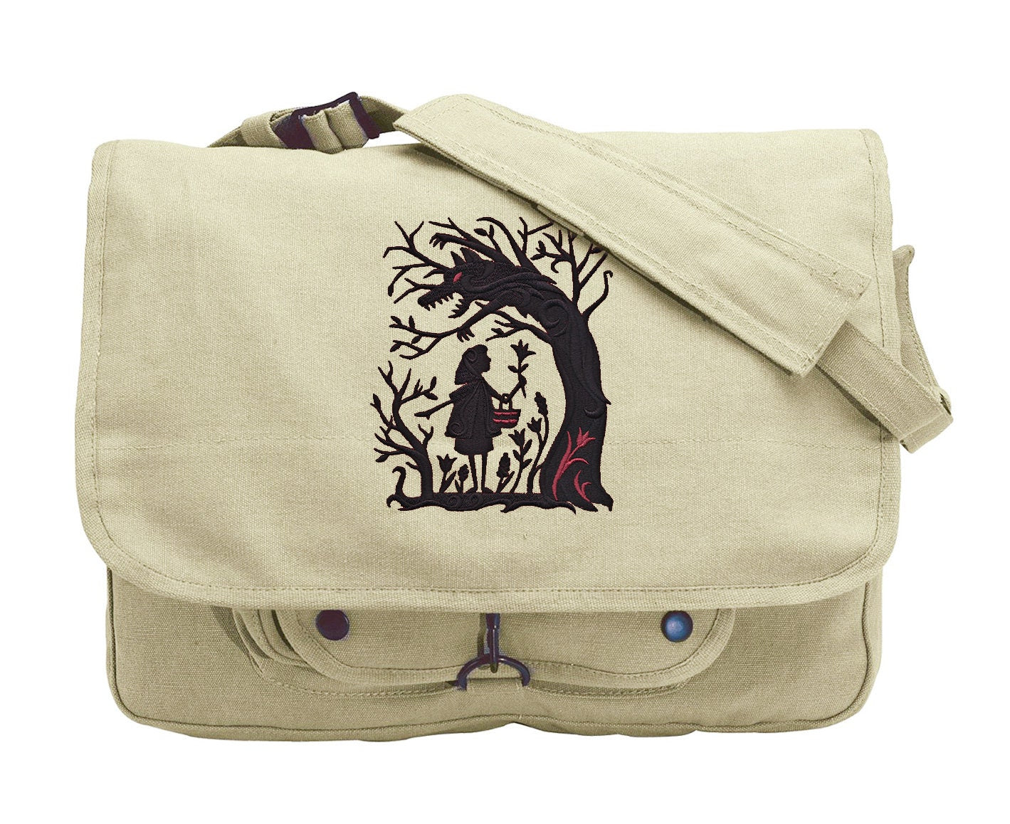 Red Riding Hood Bag, Red Riding Canvas Bag, Fairytale Classic Bag, Fairytale Shadows - Red Riding Hood Embroidered Canvas Messenger Bag