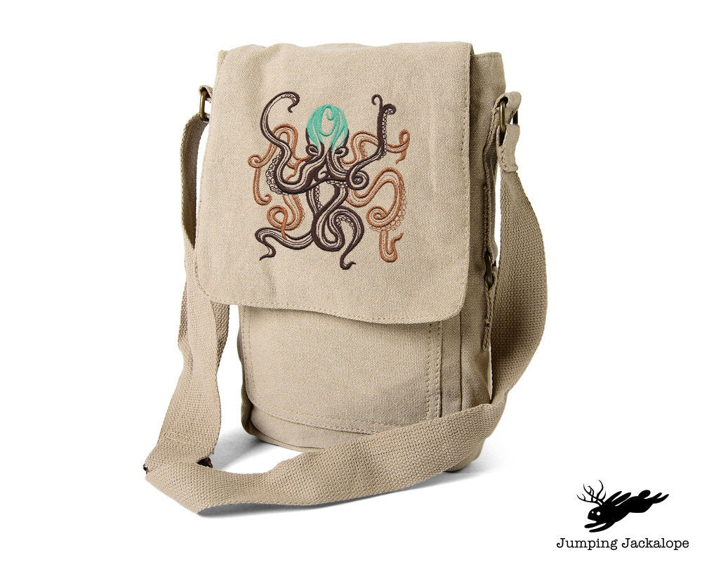 Sea Treasure - Octopus, Octopus Bag, Octopus Embroidered Canvas Tech, Tablet, iPad, Kindle, Fire, Camera Bag