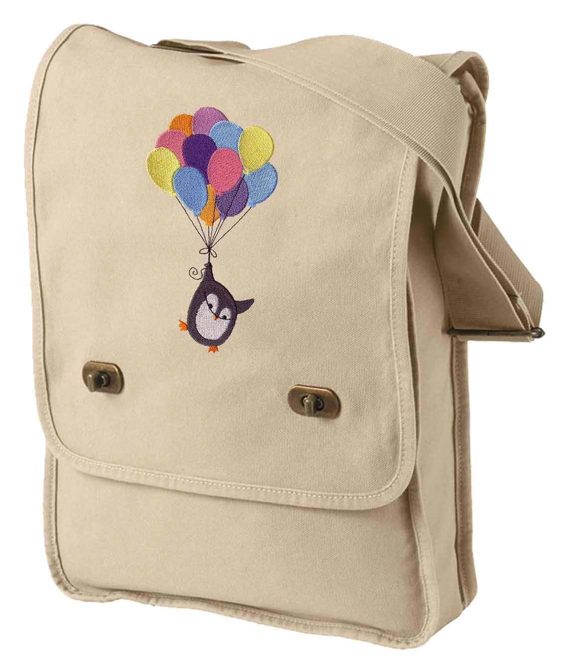 Penguin Bag, Penguin Canvas Bag, I can Fly Penguin Balloons Embroidered Canvas Field Bag