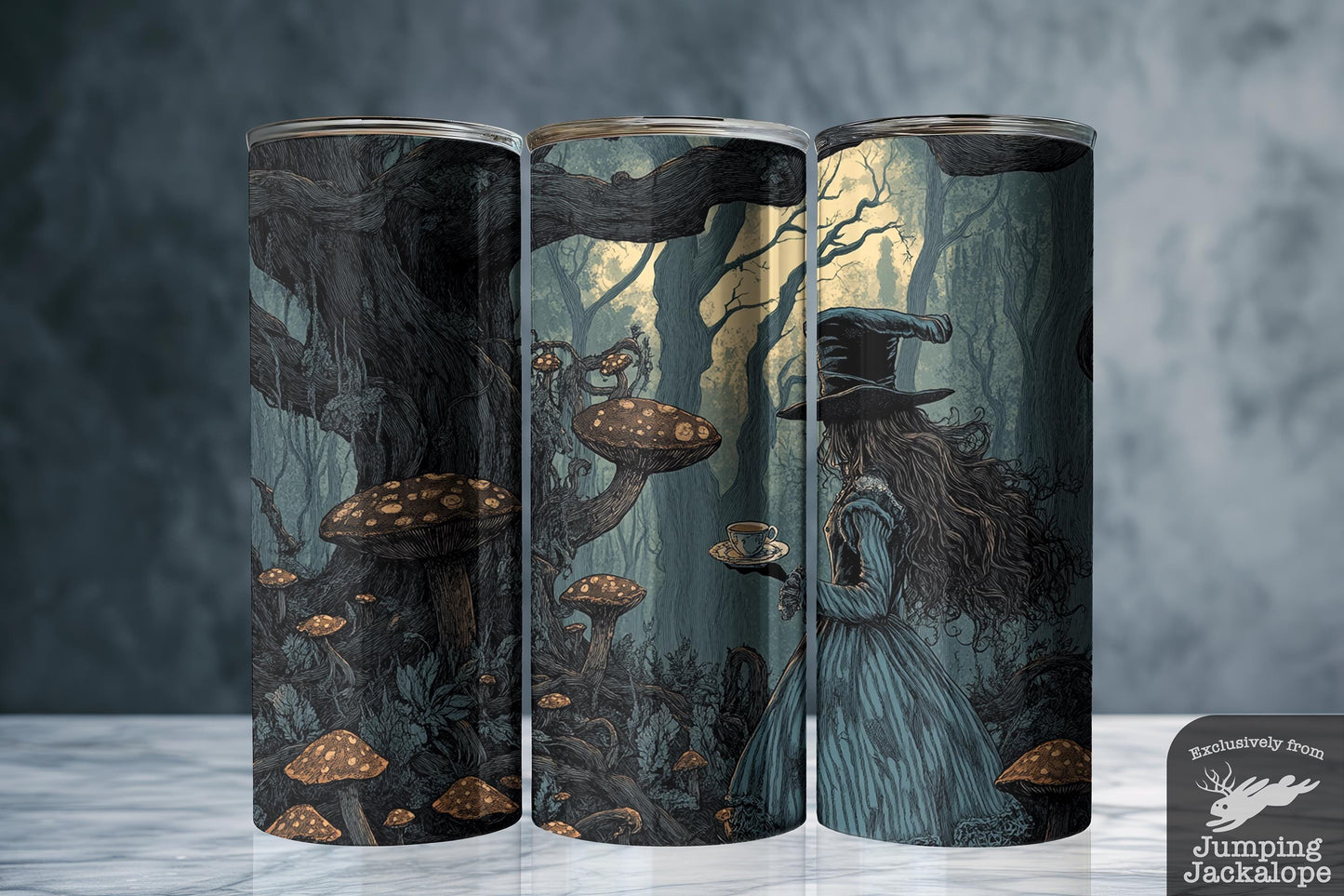 Dark Alice Tea Tumbler – 20oz Sublimated Cup | Mushroom Forest Wonderland Scene | Customizable Gothic Fantasy Gift