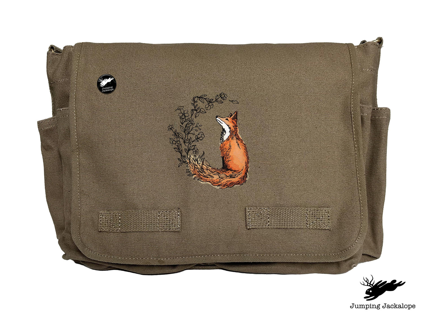 Flower Tailed Fox Design Embroidered Classic Canvas Messenger Bag