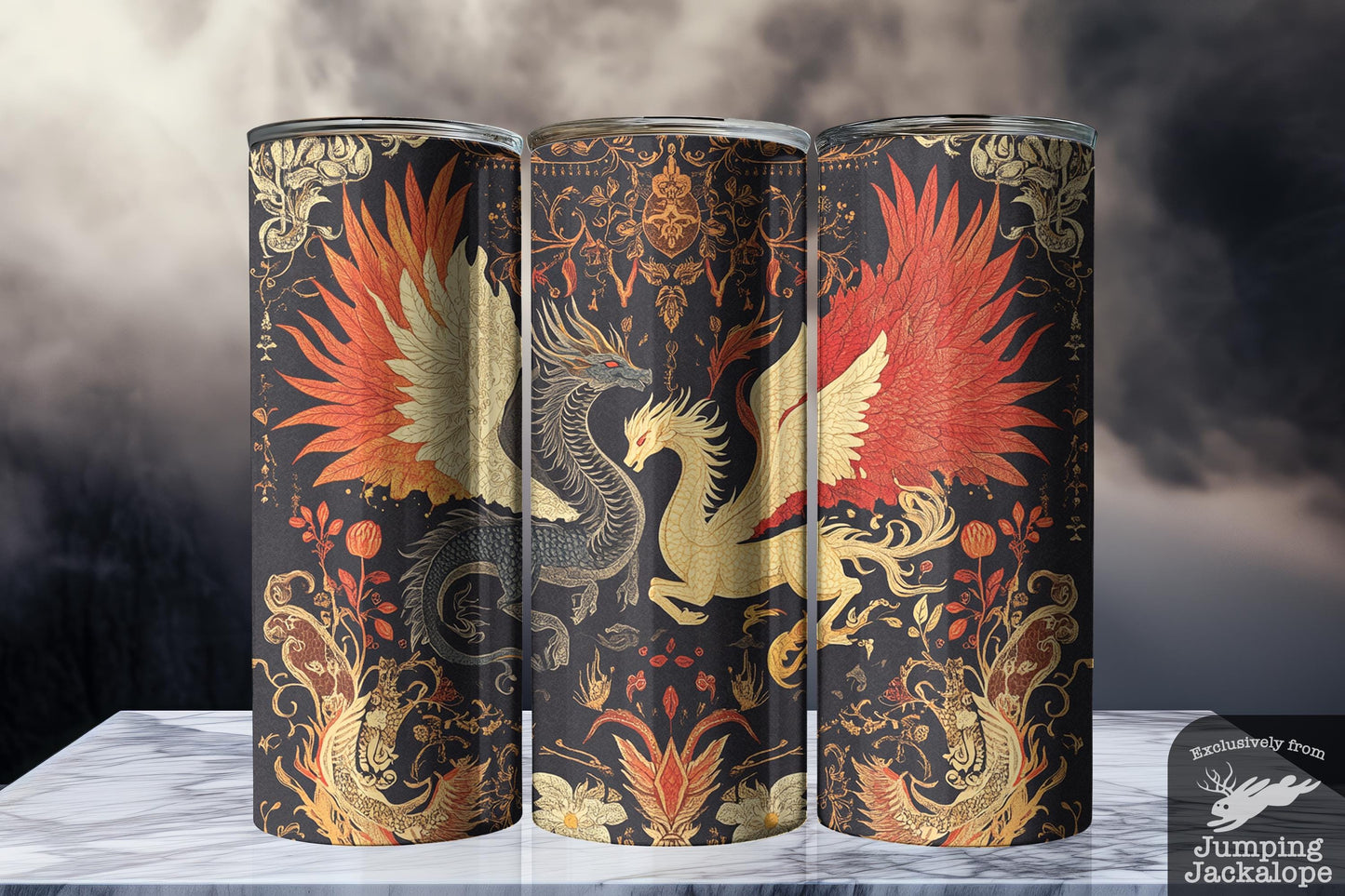 Celestial Phoenix and Dragon Tumbler – 20oz Sublimated Fantasy Drinkware | Fire & Sky Mythical Battle Cup