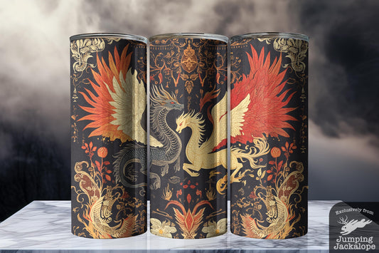 Celestial Phoenix and Dragon Tumbler – 20oz Sublimated Fantasy Drinkware | Fire & Sky Mythical Battle Cup
