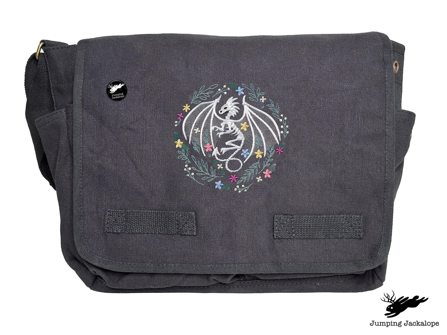 Floral Dragon Skeleton Embroidered Classic Canvas Messenger Bag