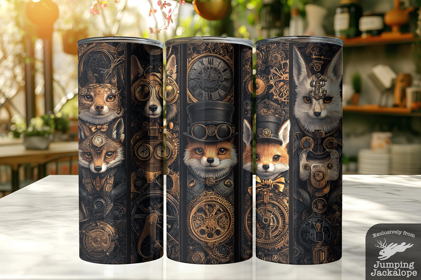 Steampunk Animal Tumbler – 20oz Fox, Wolf, and Hare with Clockwork Gears | Rustic Victorian Fantasy Drinkware