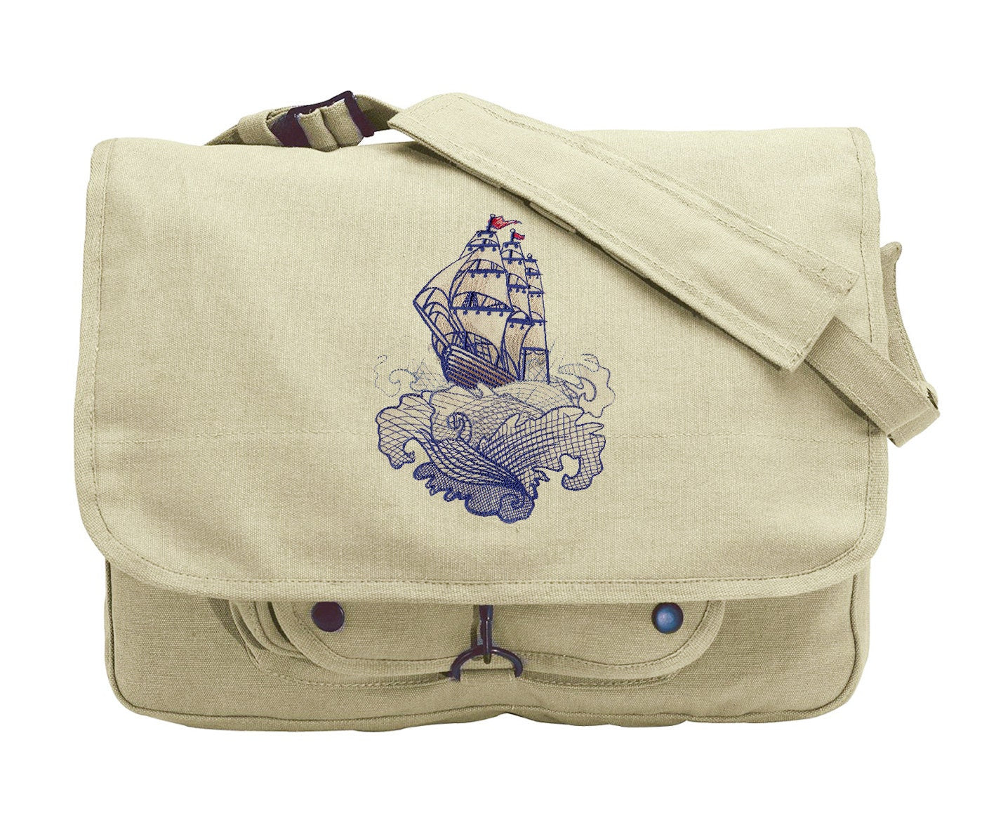Ship Messenger Bag, Ship Laptop Bag, The Seven Seas - Ship Tattoo Embroidered Canvas Messenger Bag