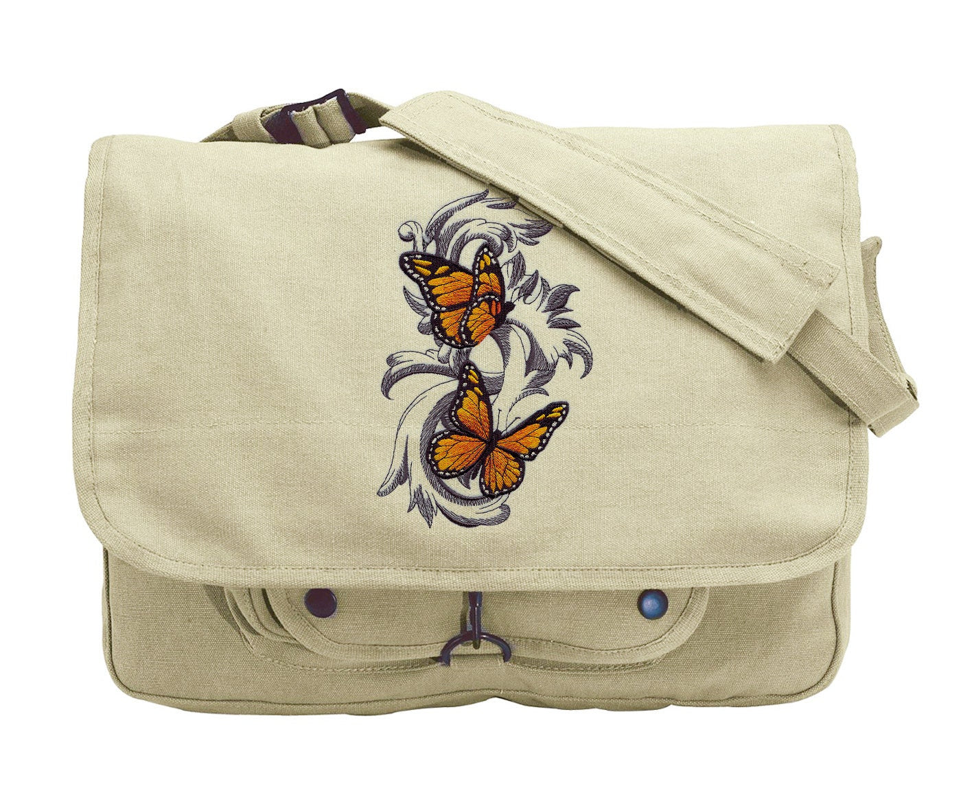 Monarch Butterflies in Flight Embroidered Canvas Messenger Bag