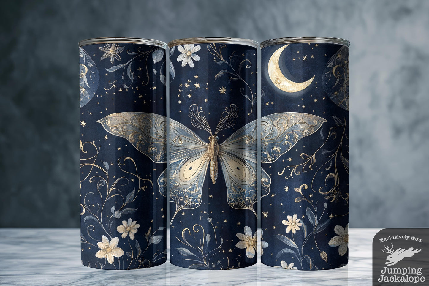Silver Lace Moth Tumbler – 20oz Night Sky Drinkware with Moon and Stars | Fairycore Mug