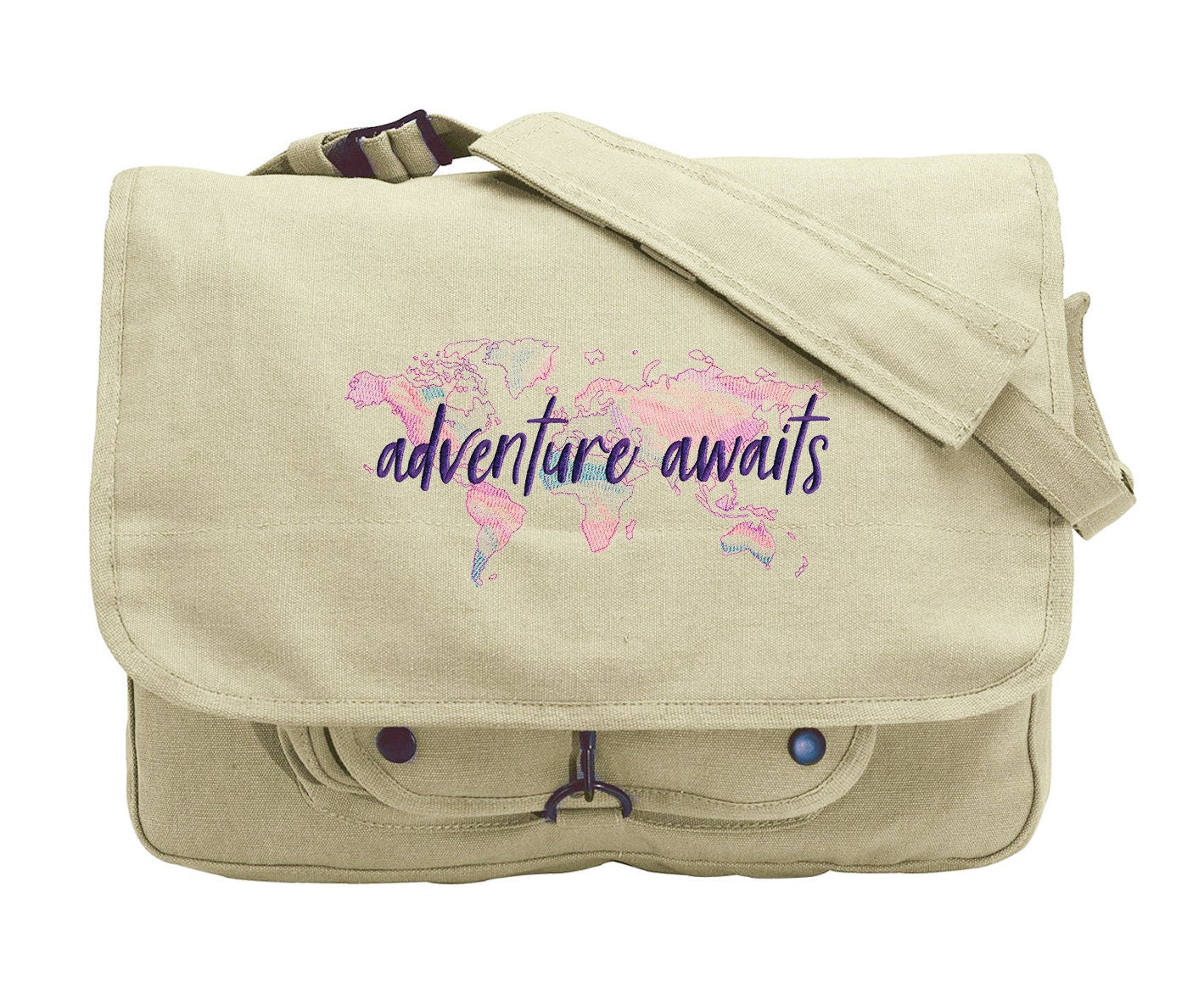 Adventure Awaits, Map Bag, World Map Embroidered Canvas Messenger Bag