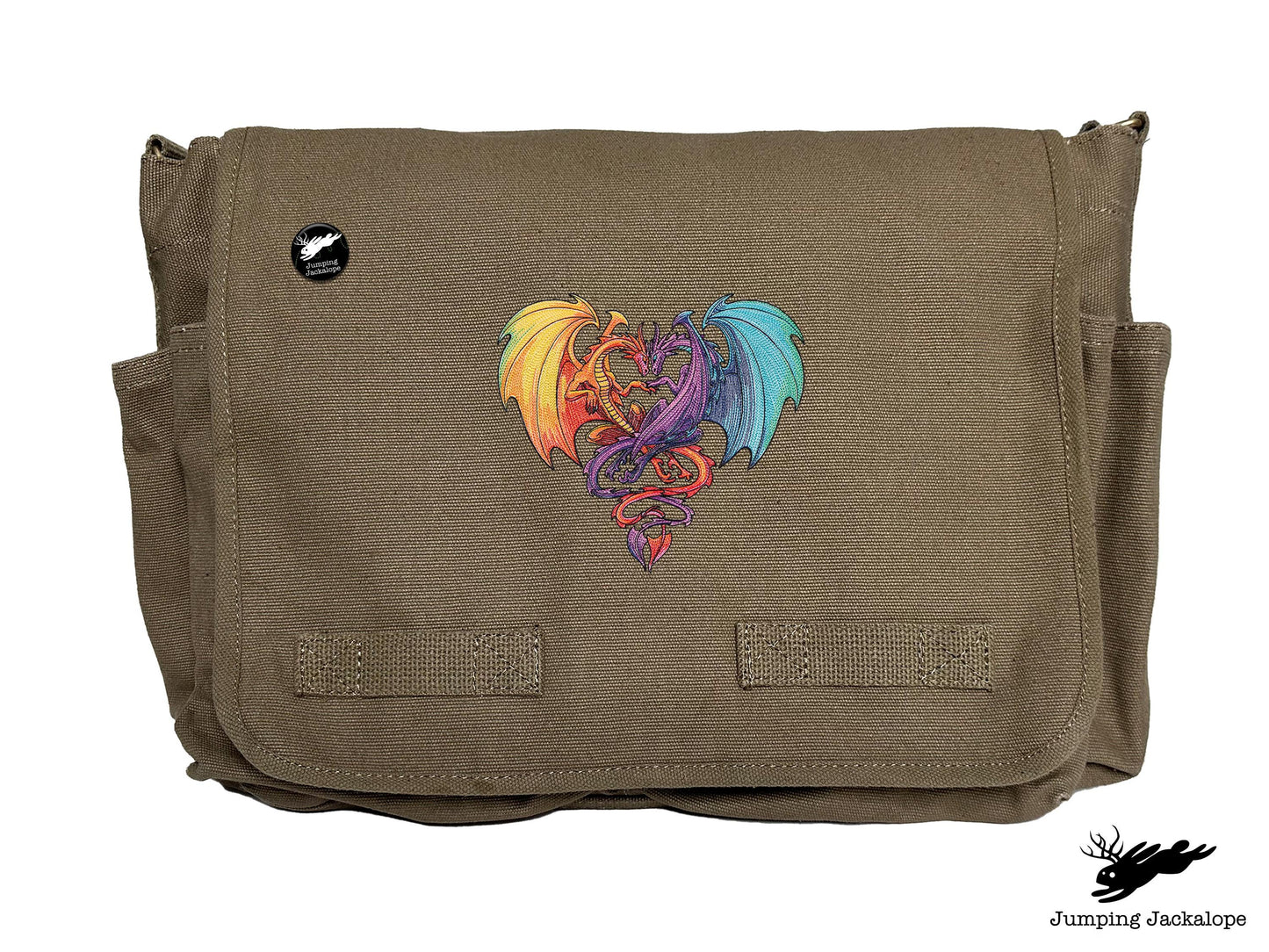 Intertwined Rainbow Heart Dragons Embroidered Classic Canvas Messenger Bag