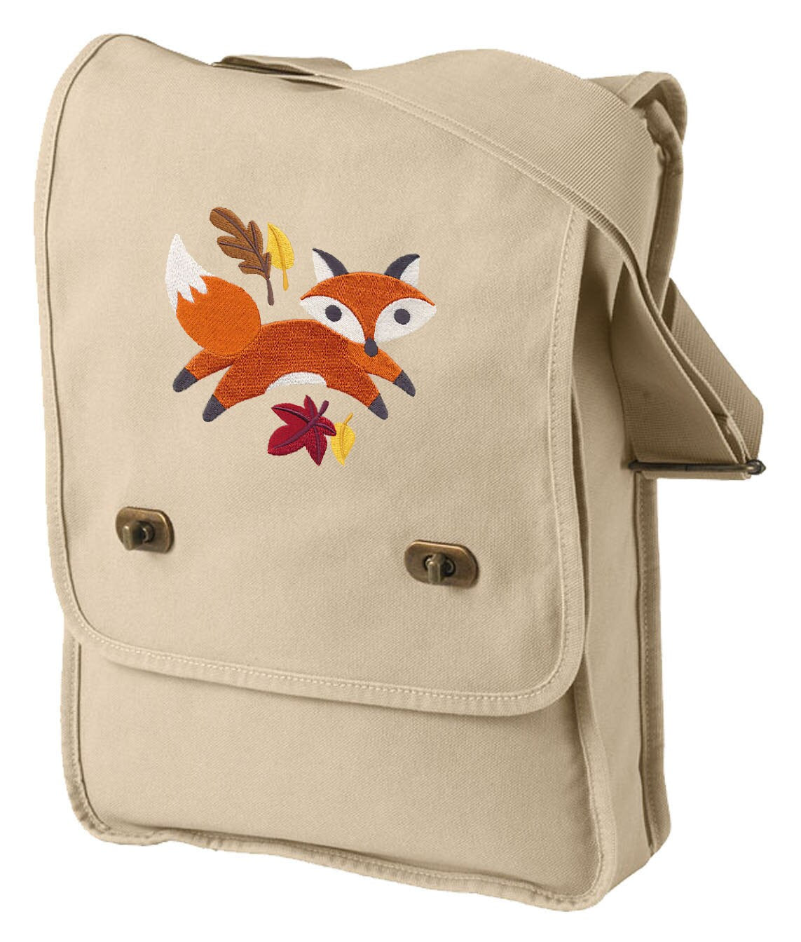 Fox Bag, Fox Canvas Field Bag, Fox Messenger Bag, Fox in Fall Frenzy Embroidered Canvas Field Bag