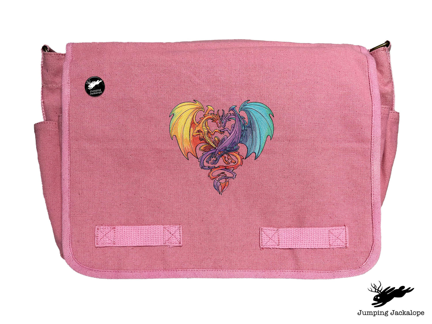 Intertwined Rainbow Heart Dragons Embroidered Classic Canvas Messenger Bag