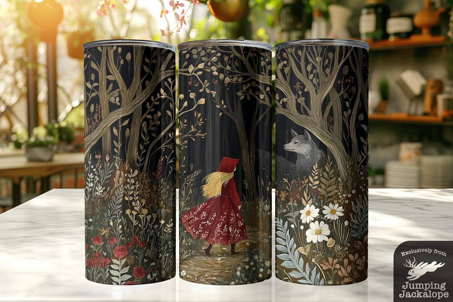 Enchanted Woodland Stroll Tumbler – 20oz Red Riding Hood Storybook Design | Fantasy Forest Drinkware