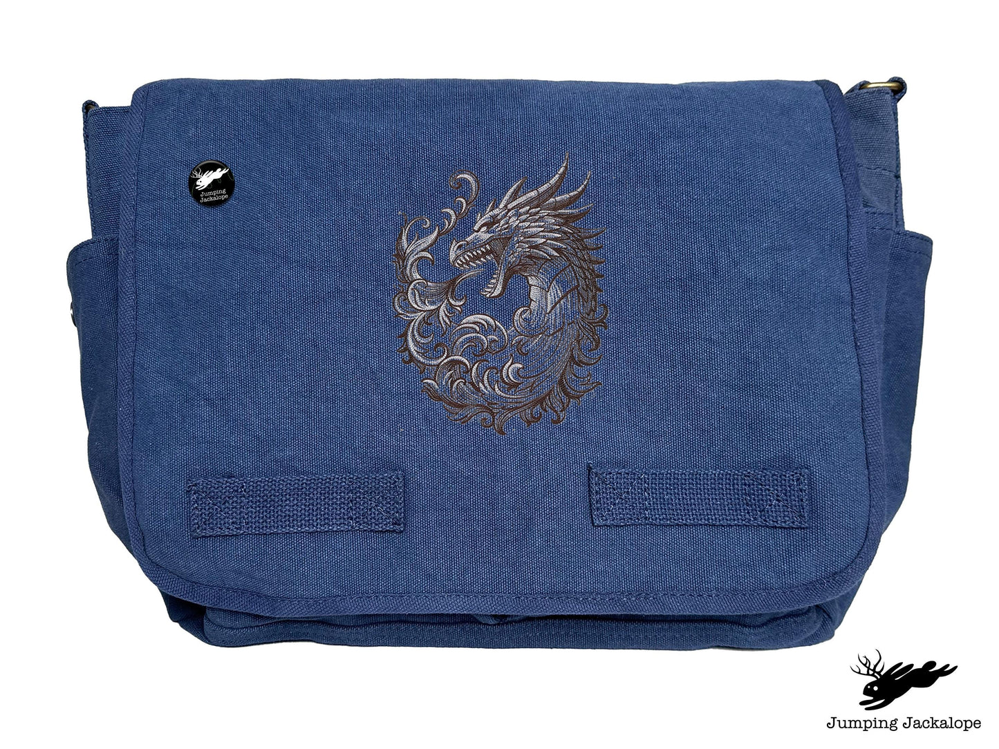 Baroque Scrollwork Dragon Embroidered Classic Canvas Messenger Bag