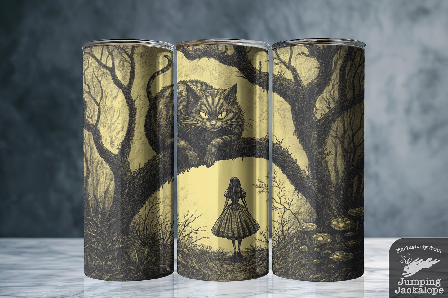 Smile in the Shadows Tumbler – Alice and the Cat in Gothic Wonderland | 20oz Sublimated Fantasy