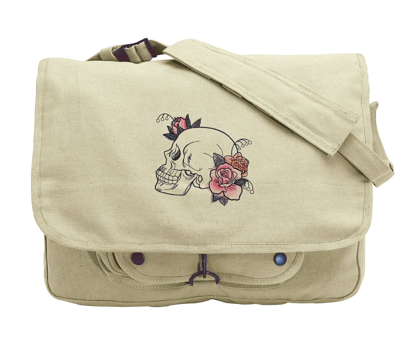 Dire Bloom - Skull Embroidered Canvas Messenger Bag