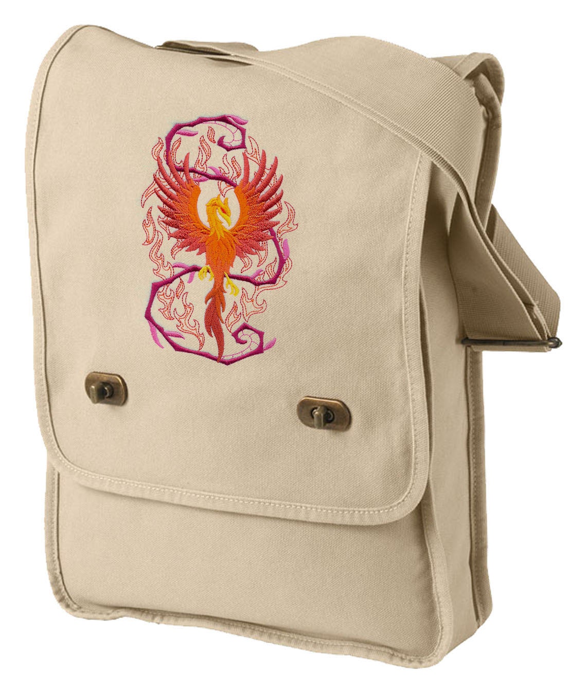 Phoenix bag, Phoenix Canvas Bag, Phoenix Messenger Bag, Phoenix in Fantasy Flames Embroidered Canvas Field Bag