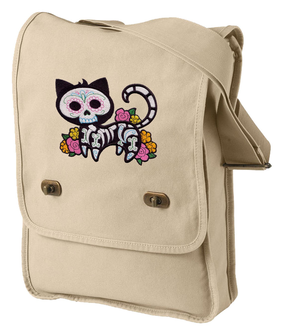 Sugar Skull Cat Bag, Gato Muerto Embroidered Canvas Field Bag