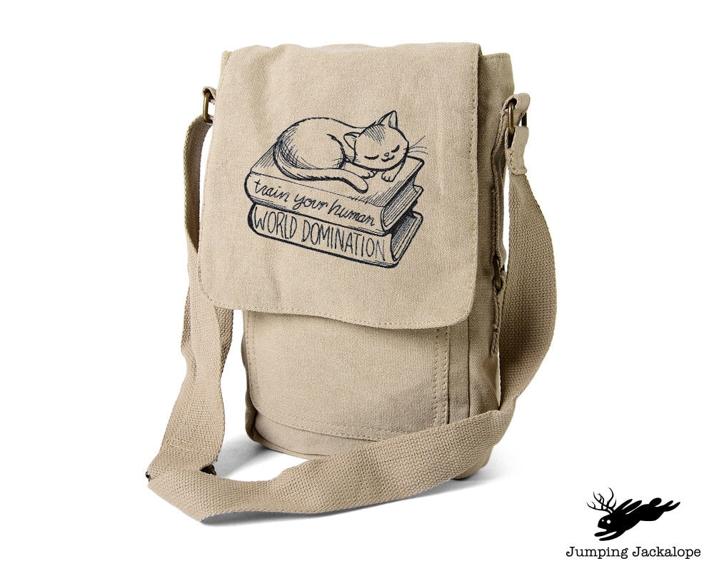 Reading Cat Embroidered Padded Canvas Tech Bag