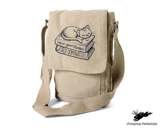 Reading Cat Embroidered Padded Canvas Tech Bag