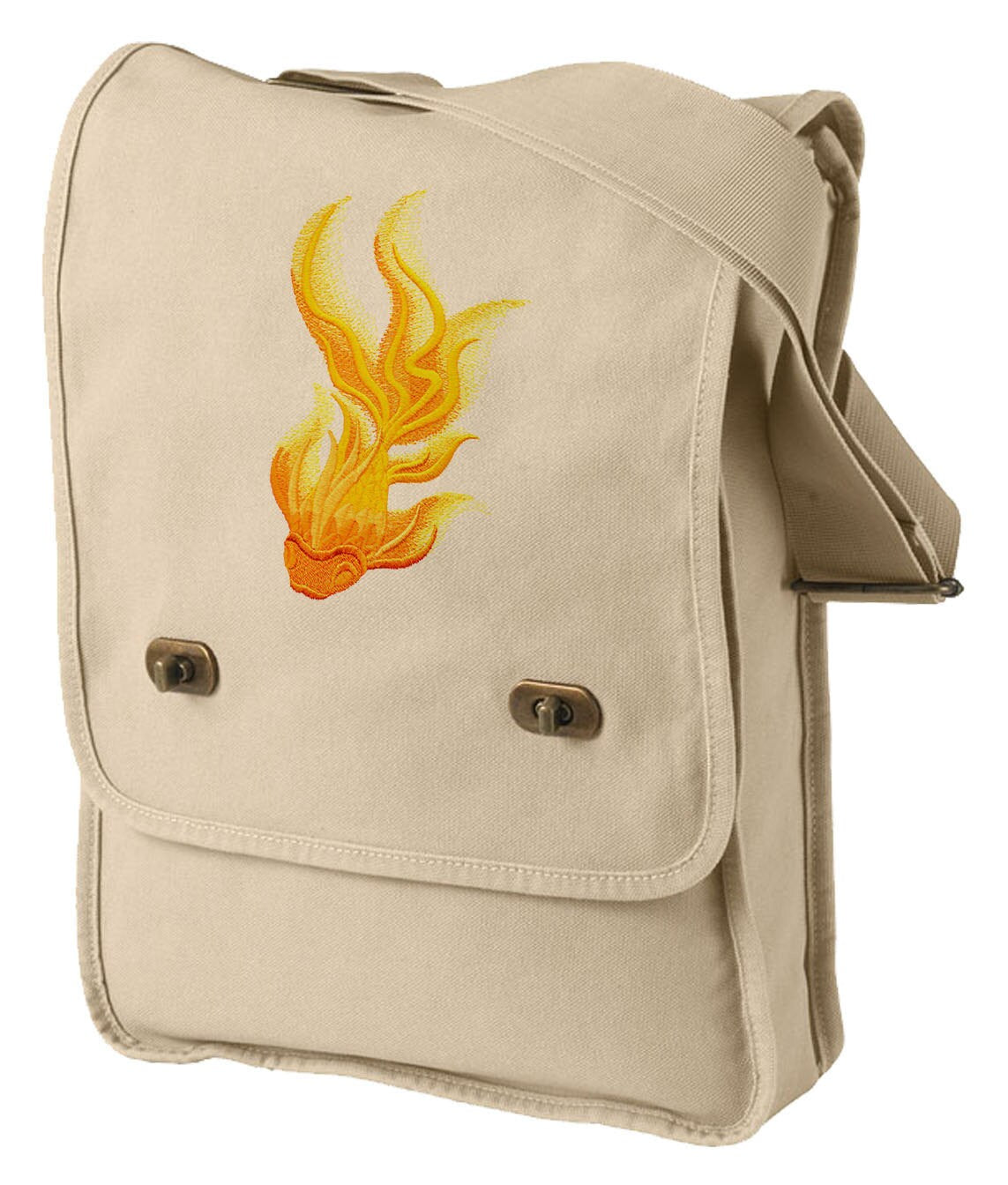 Koi Bag, Fish Bag, Koi Messenger Bag, Koi Canvas Bag, Golden Koi Embroidered Canvas Field Bag