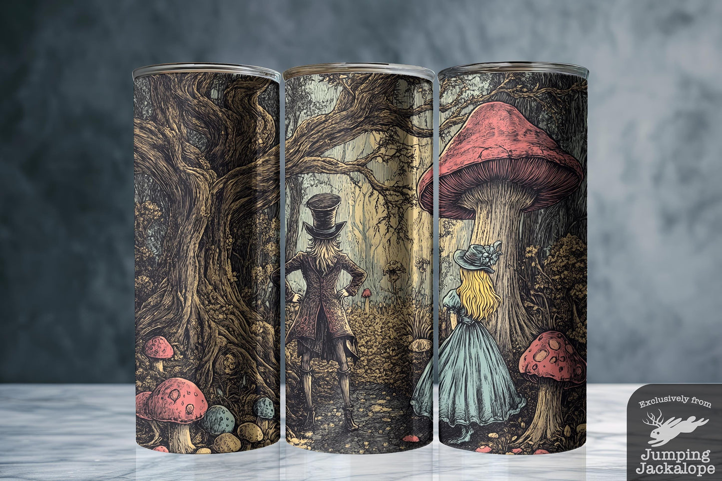 Into Madness Tumbler – 20oz Alice and the Mad Hatter in Twisted Forest | Eerie Wonderland Gift