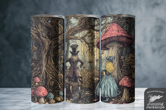 Into Madness Tumbler – 20oz Alice and the Mad Hatter in Twisted Forest | Eerie Wonderland Gift