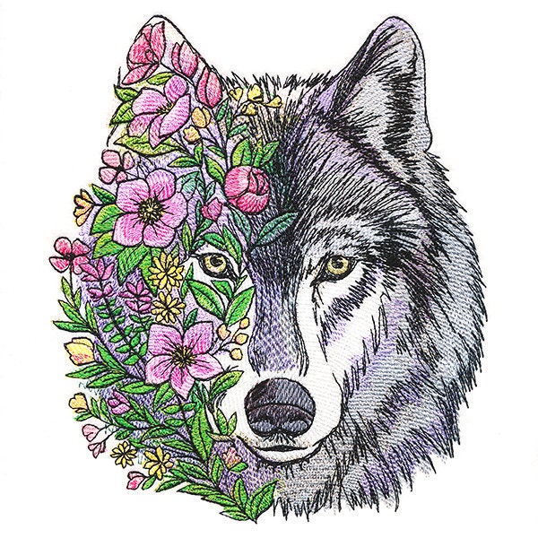 Wolf in Flowers Embroidered Canvas Messenger Bag